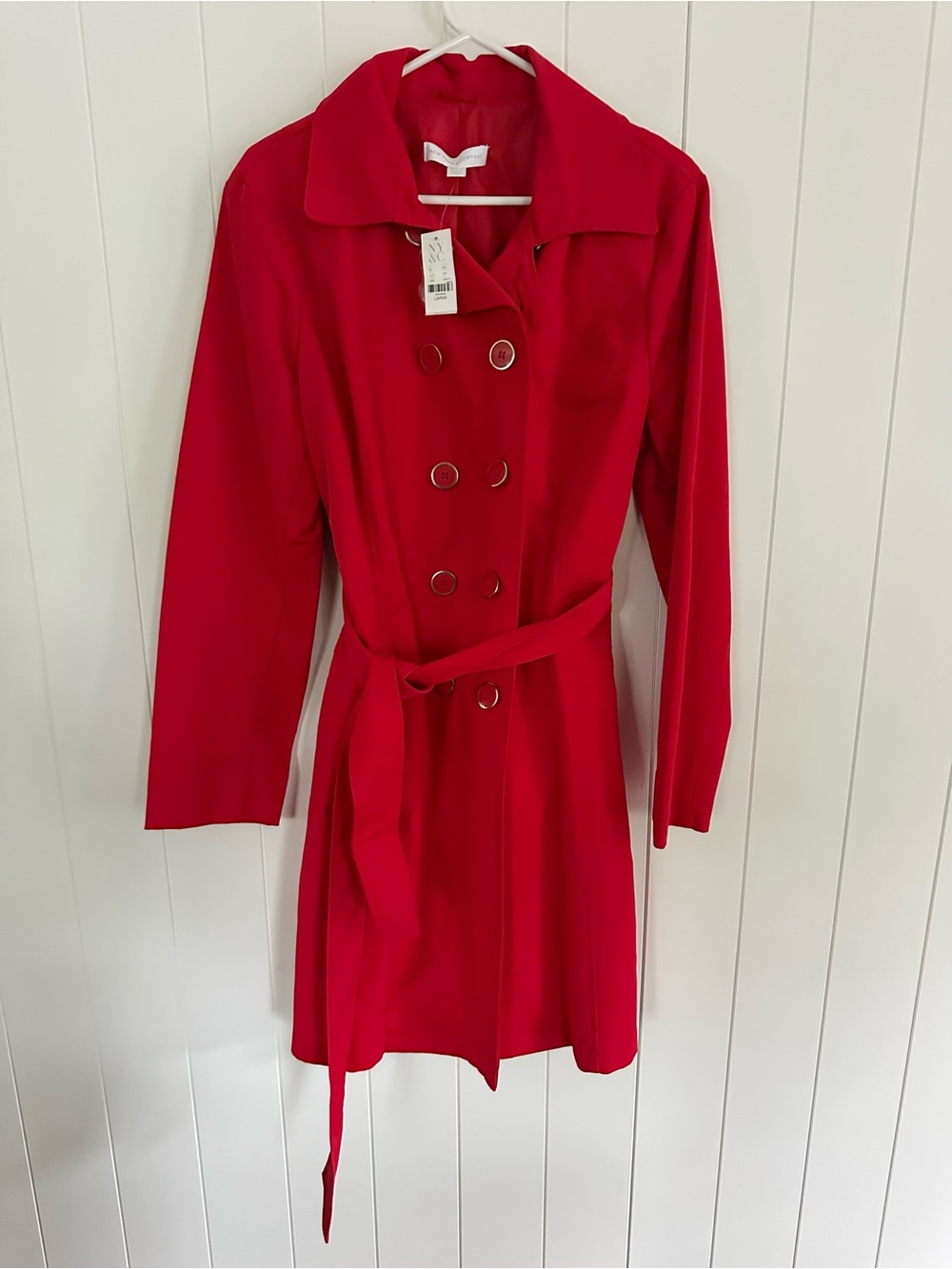 New York & Company Vibrant Red Double-Breasted Belted Trench Coat